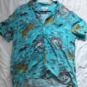 Turquoise Unisex Tiger and Dragon Printed Collared Button Down - Size Large